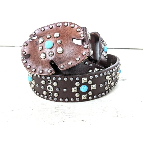 Brown silver studded faux leather western buckle belt - Picture 4 of 7